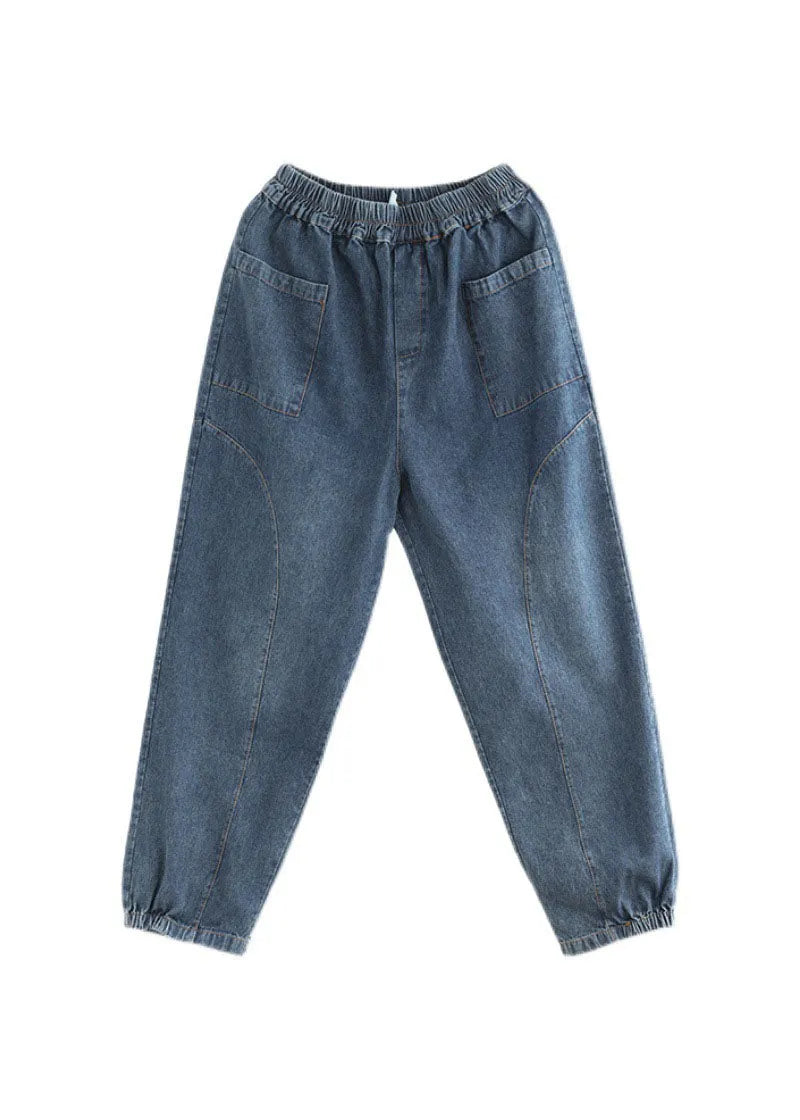 Style Blue Elastic Waist Pockets Cotton Denim Harem Pants Spring