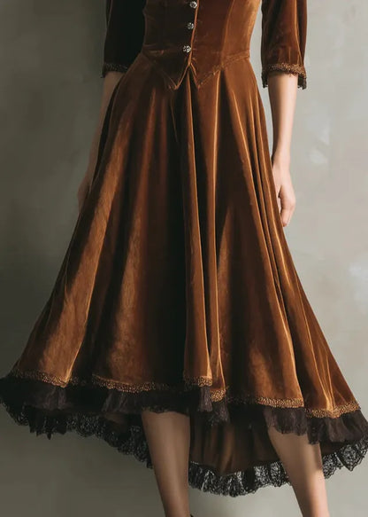 French Chocolate V Neck Lace Patchwork Silk Velvet Long Dress Half Sleeve