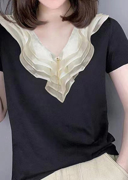 Style Black V Neck Ruffled Patchwork Silk Blouse Tops Summer
