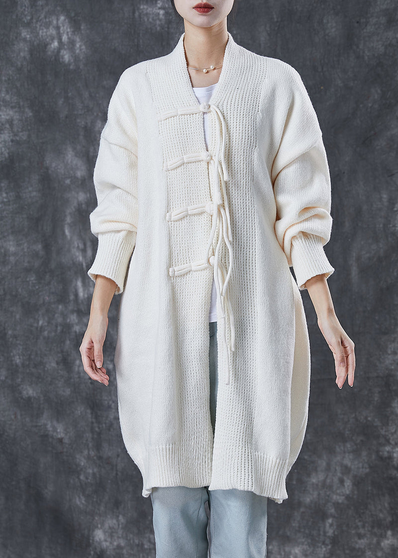 White Oversized Chinese Button Knit Cardigans Spring