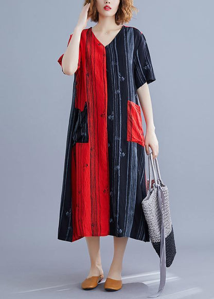 Red Print Cotton Patchwork Summer Dress