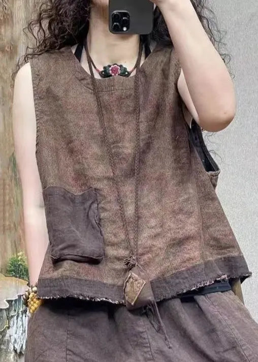 Blue O-neck Print Pockets Linen Waistcoat Sleeveless