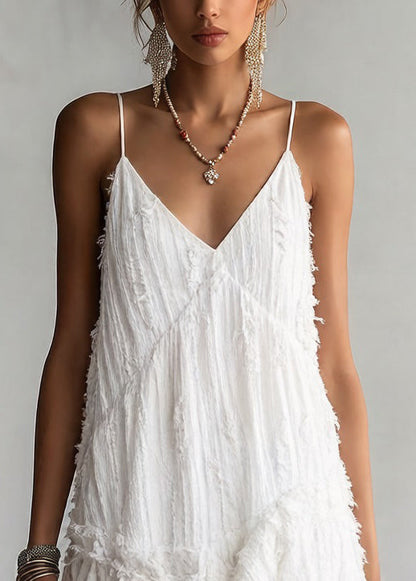 White Asymmetrical Ruffled Cotton Spaghetti Strap Tank Sleeveless