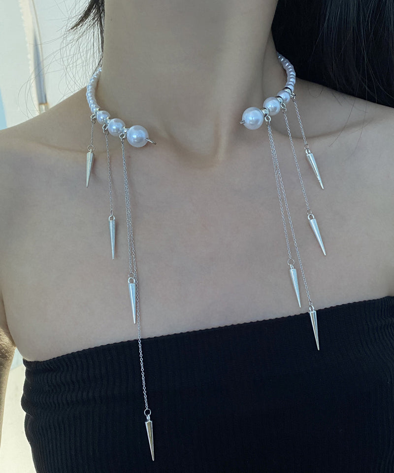White Copper Pearl Beading Tassel Pendant Necklace