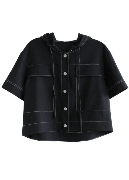 Navy Drawstring Hooded Cotton Short Coat Half Sleeve