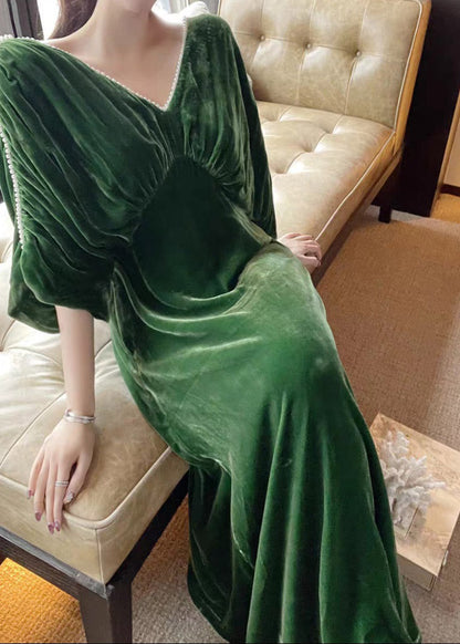 Green V Neck Nail Bead Tunic Velour Maxi Dress Half Sleeve