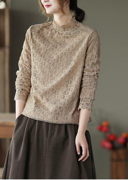 Khaki Clothes Stand Collar Lace Spring Top