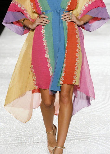 Multicolored Striped Flower Cotton Tunic Dress Summer