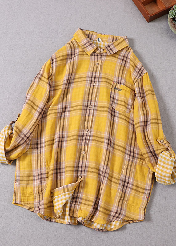 Yellow Peter Pan Collar Plaid Cotton Shirt Top Spring