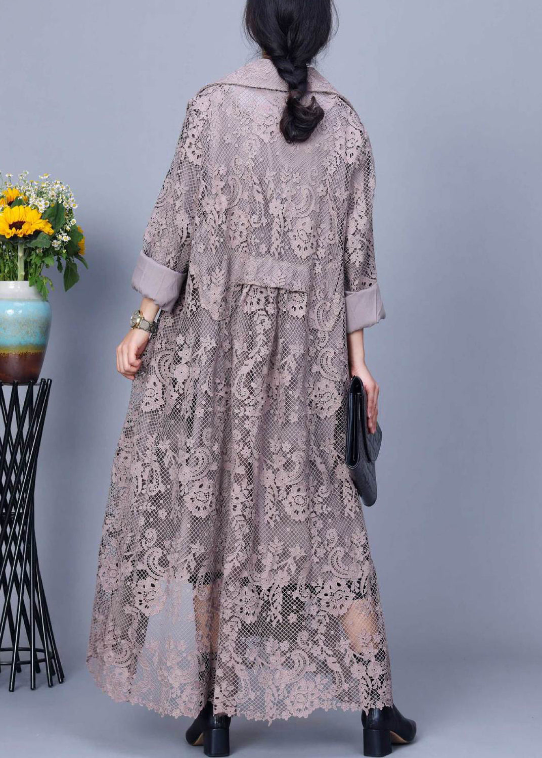 Loose Grey Notched Double Breast Lace Trench Coat Fall