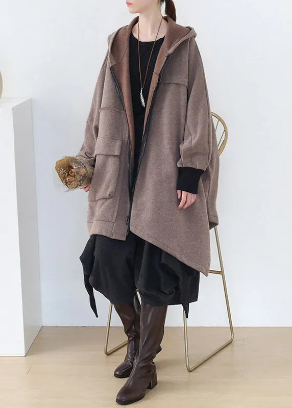 Khaki Asymmetrical Patchwork Zippered Thick Cotton Hoded Coats Fall