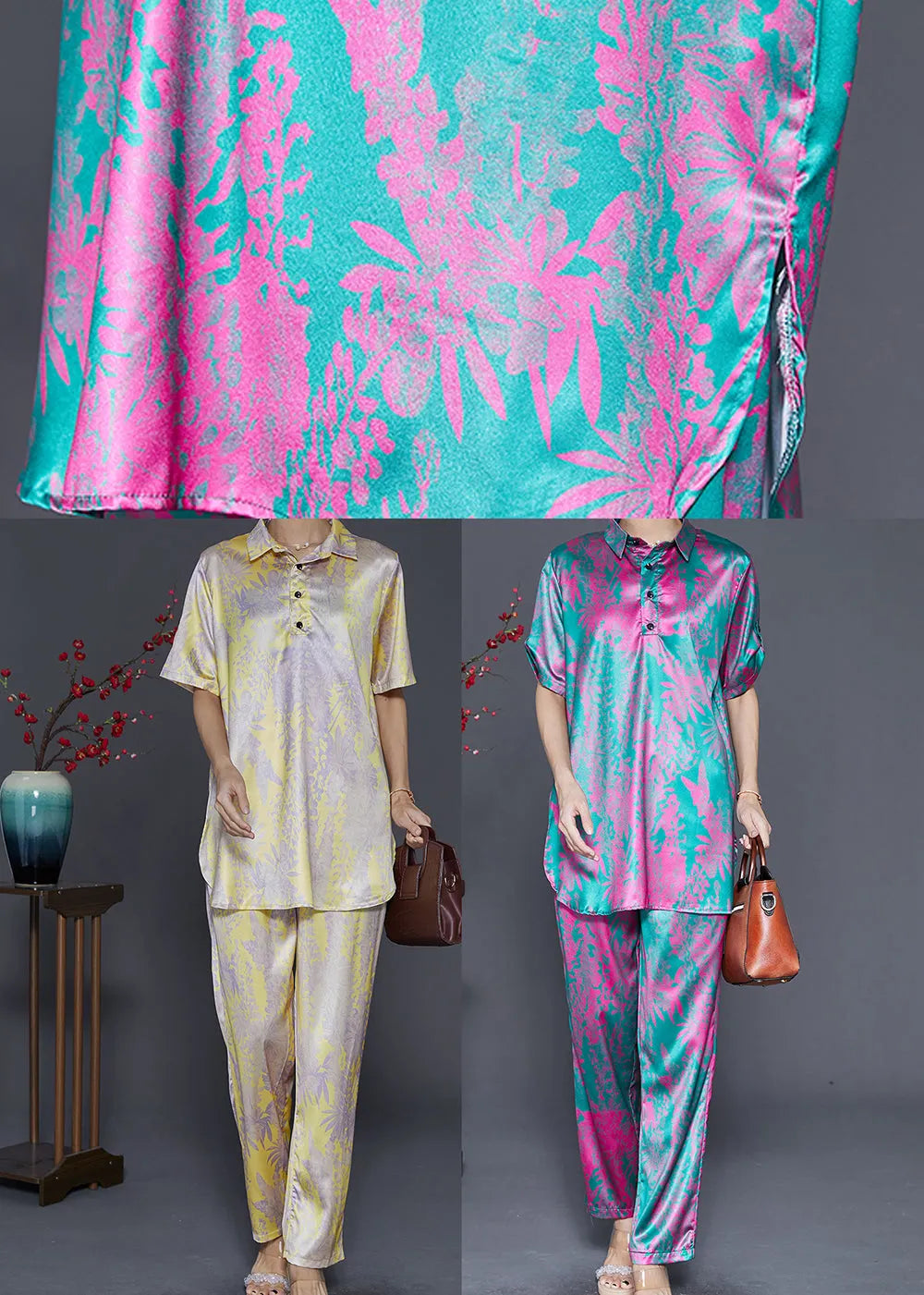 Rose Print Silk Two Piece Set Clothing Side Open Fall