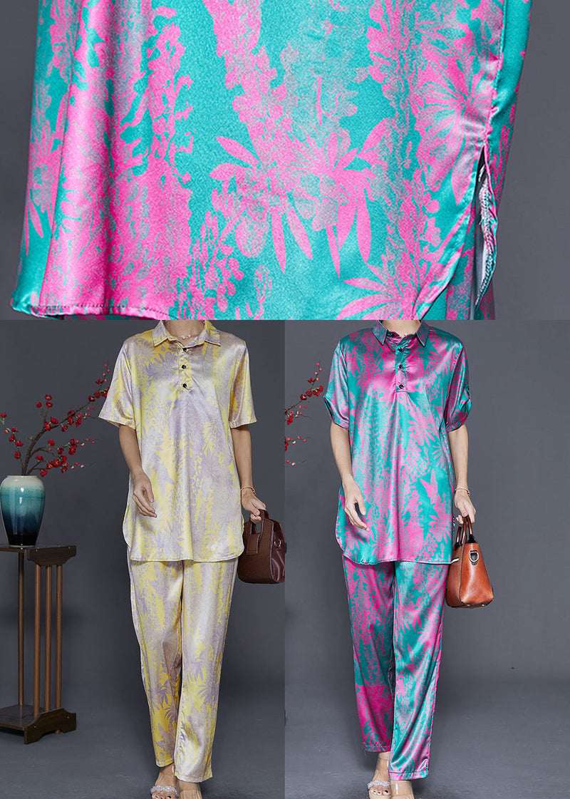 Yellow Peter Pan Collar Print Silk Two-piece Set Fall