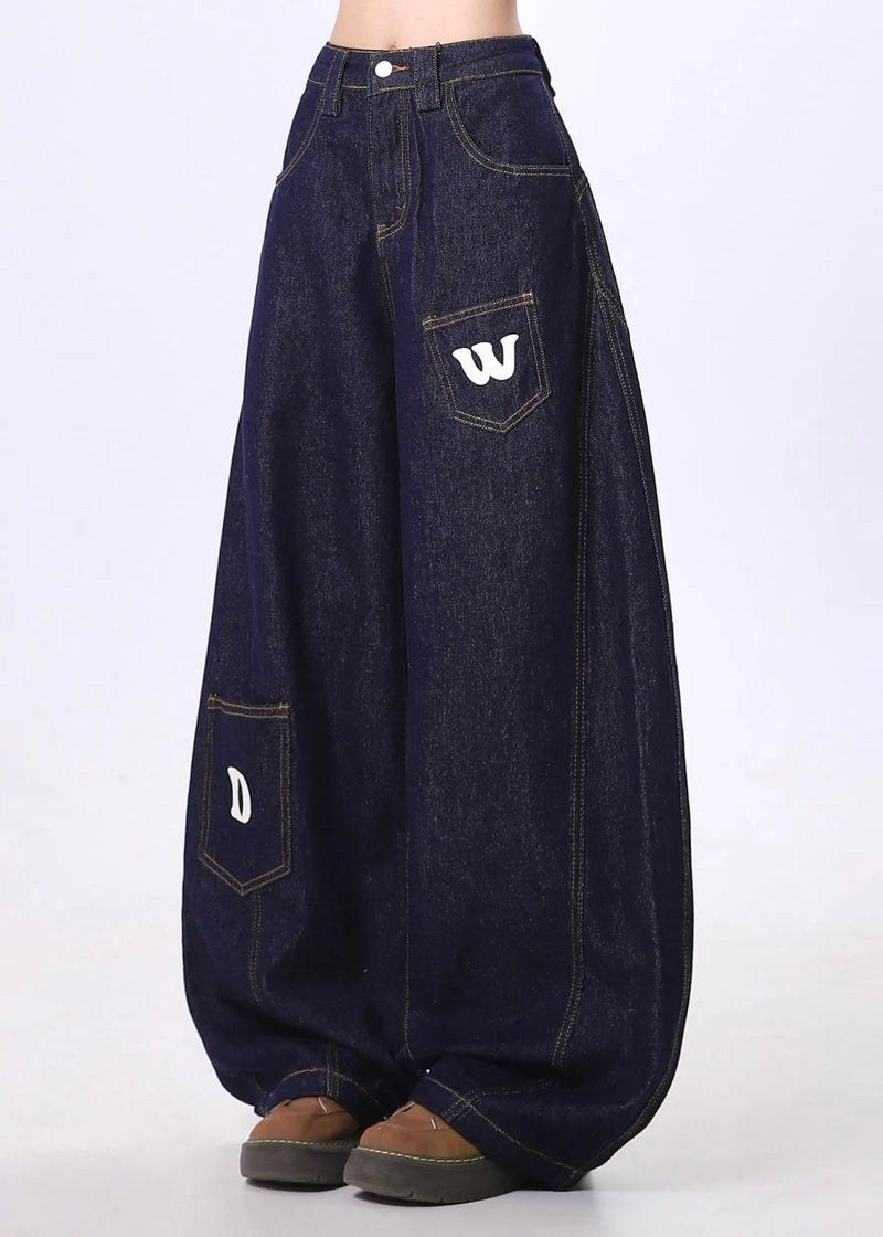 Navy Letter Print Denim Wide Leg Pants Spring