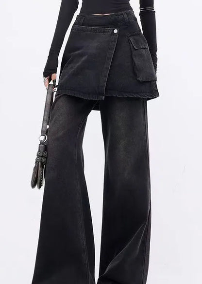 Modern Black False Two Pieces Patchwork Denim Flared Trousers Spring