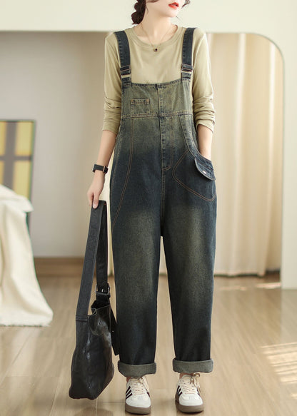 Slash Neck Pockets Patchwork Denim Jumpsuits Fall