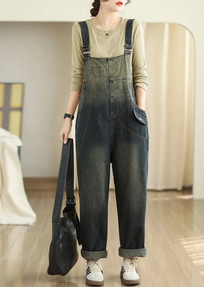 Slash Neck Pockets Patchwork Denim Jumpsuits Fall
