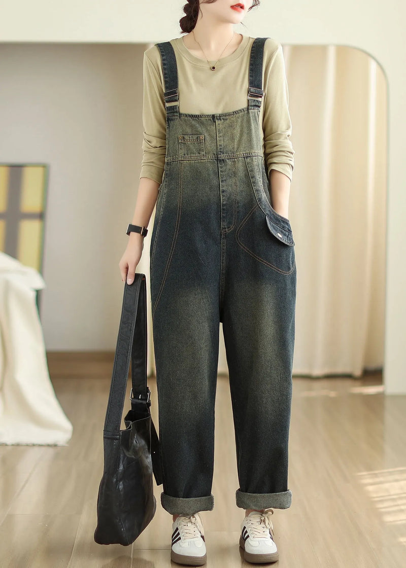 Slash Neck Pockets Patchwork Denim Jumpsuits Fall