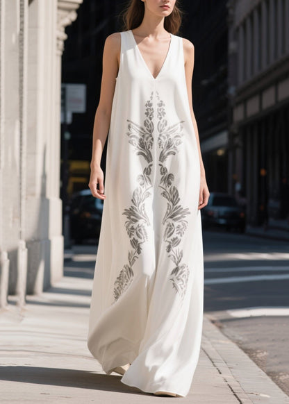 White V Neck Print Chiffon Maxi Dresses Summer