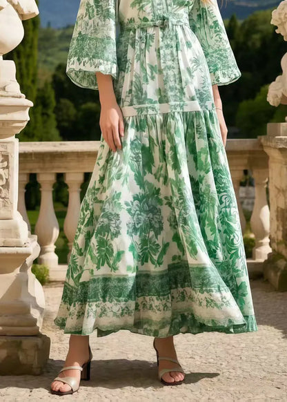 Grass Green Print Draping Chiffon Vacation Dresses Spring