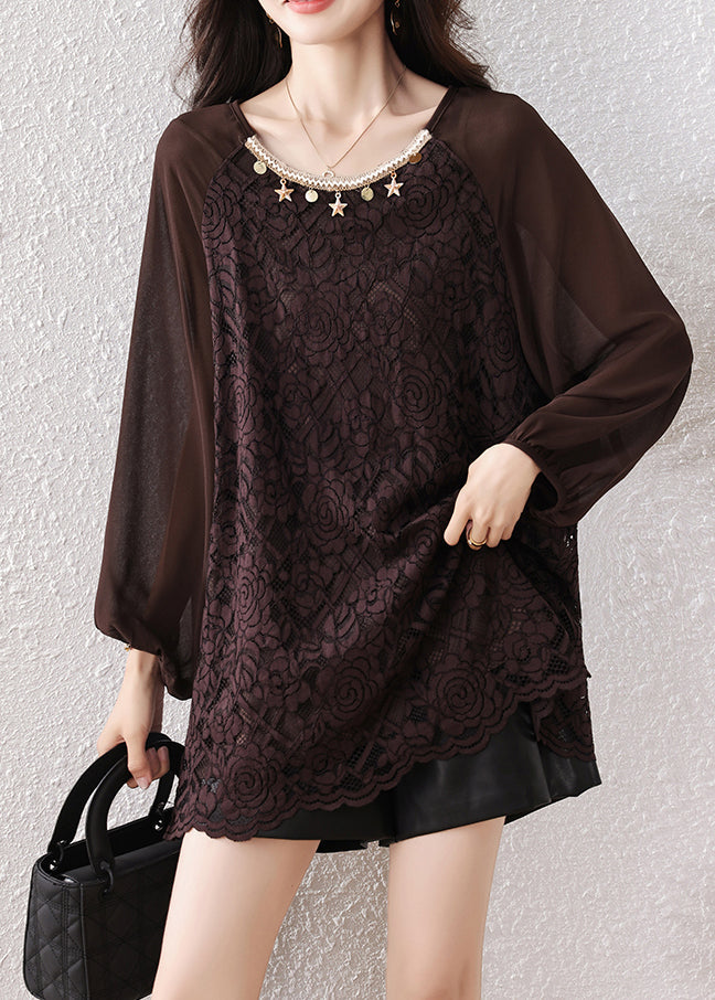 Chocolate Oversized Star Decorated Lace Shirt Tops Fall