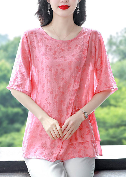 Pink Patchwork Linen Blouses Asymmetrical O-neck Ruffled Summer