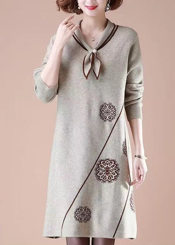 Natural Khaki Peter Pan Collar Cotton Knit Long Weater Dress Fall
