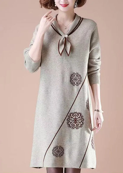 Natural Khaki Peter Pan Collar Cotton Knit Long Weater Dress Fall