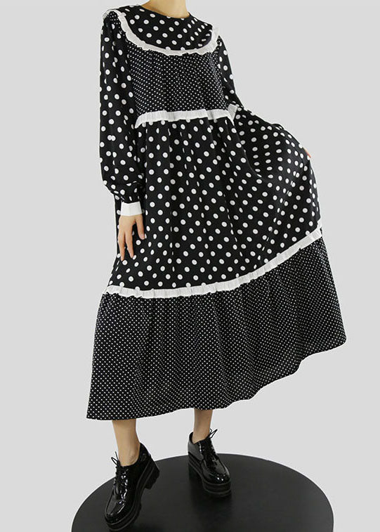Black Ruffles Zip Up Dot Patchwork Maxi Dresses Spring