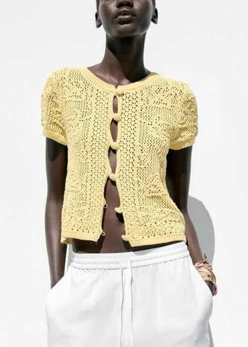 Yellow Button Hollow Out Knit T Shirt Summer