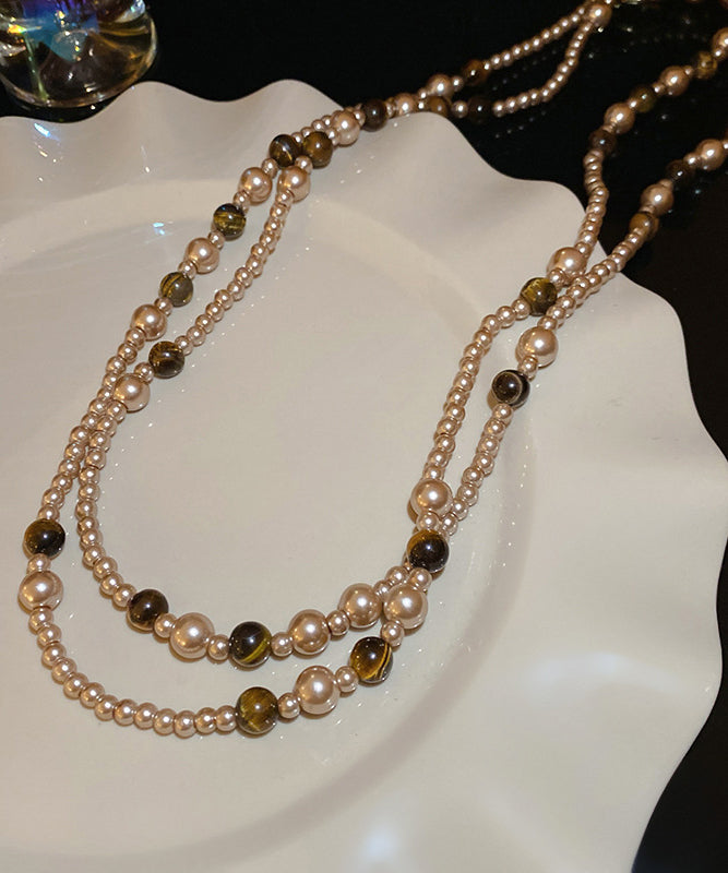 Gold Alloy Pearl Glass Tiger Eye Stone Pendant Necklace