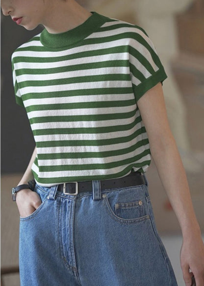 Red Stand Collar Striped Cotton Tanks Summer