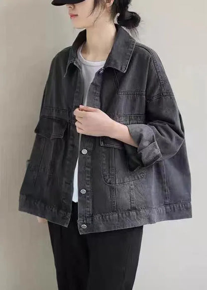 Black Button Pockets Denim Coat Long Sleeve