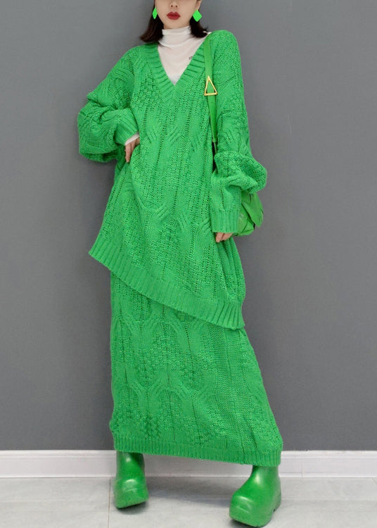 French Green V Neck Knit Sweaters and Skirts Two Piece Set Outfits Fall