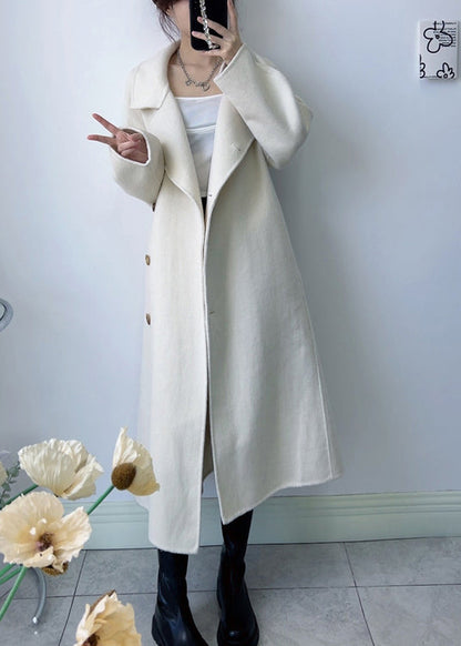 White Woolen Coats Stand Collar Tie Waist Winter