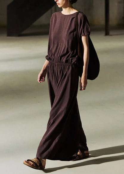 Organic Coffee O Neck Elastic Waist Linen Jumpsuit Summer