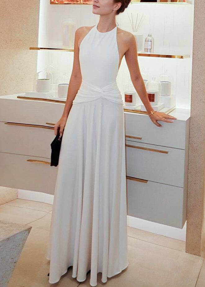 White Backless Wrinkled Lace Up Cotton Long Dress Sleeveless