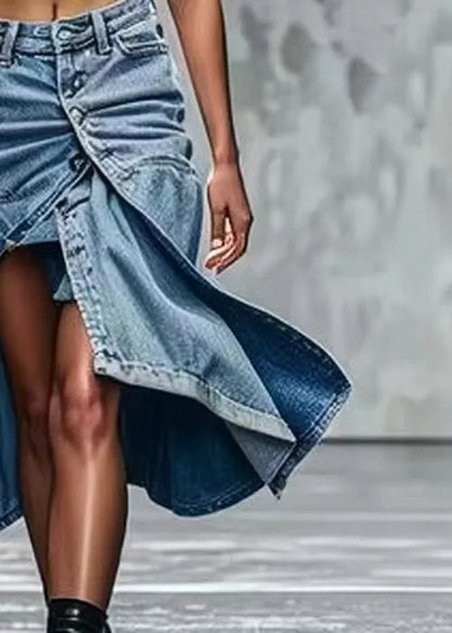 Blue Button Side Open High Waist Denim Skirts Summer