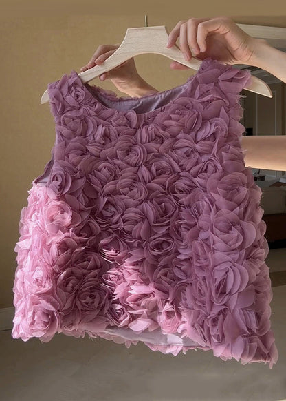 Pink O-neck Tulle Tank Sleeveless