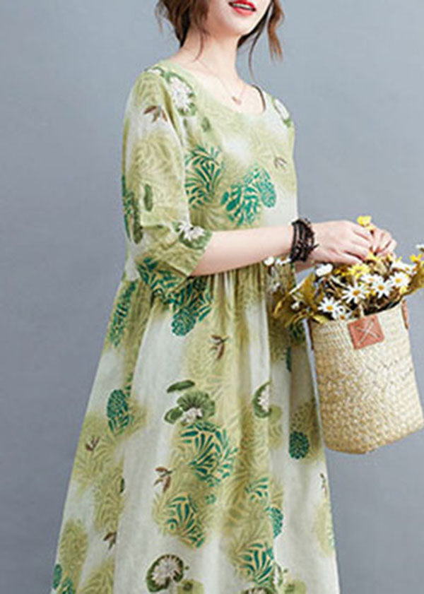 Green O-neck Wrinkled Print Cotton Long Dress Half Sleeve