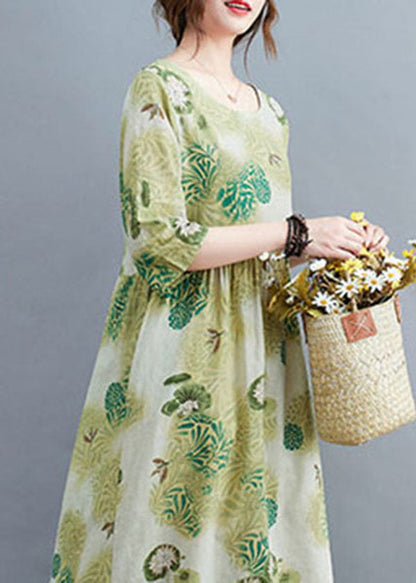 Green O-neck Wrinkled Print Cotton Long Dress Half Sleeve