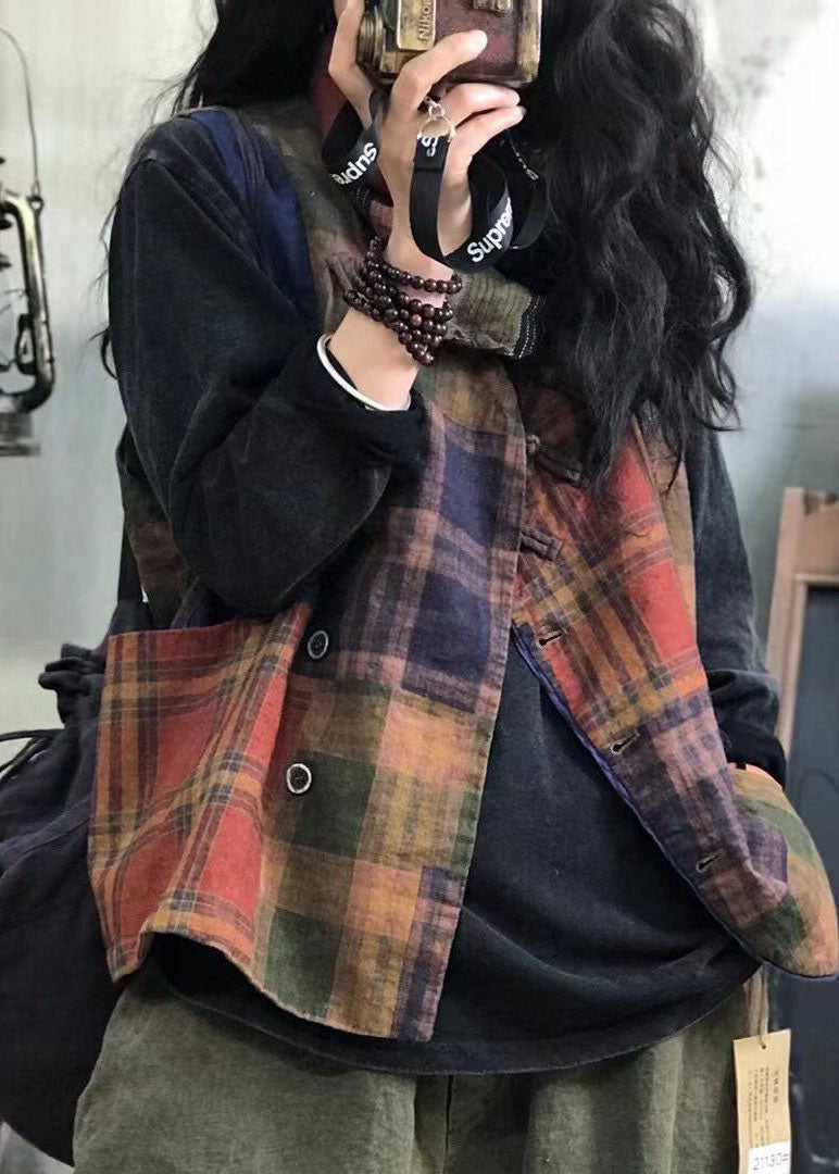 Red Button Plaid Patchwork Linen Vest Spring