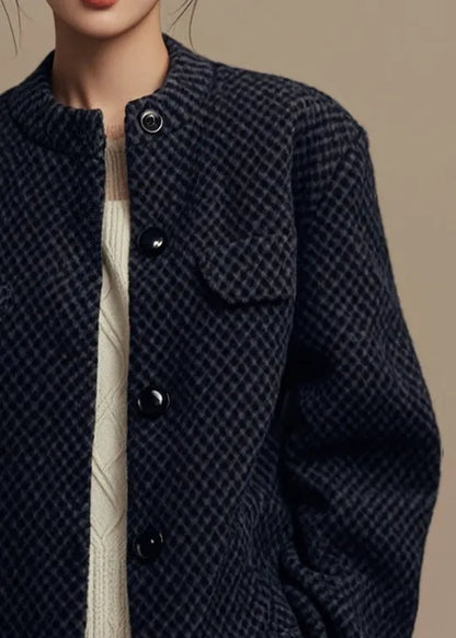 French Black O Neck Button Coat Winter