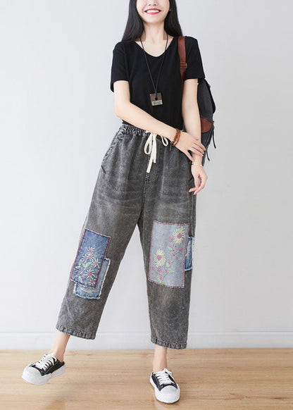 Grey Embroideried Patchwork Applique Cotton Denim Pants Spring