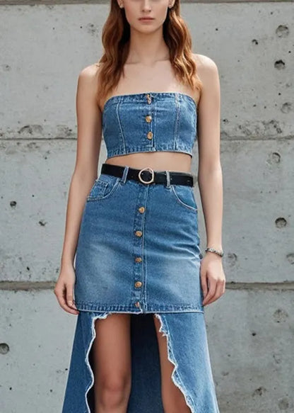 Blue Low High Design Patchwork Denim Skirts Fall