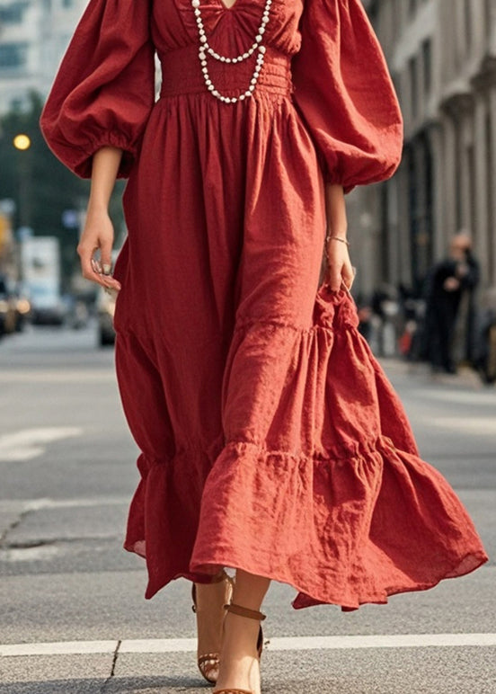 Dull Red V Neck Exra Large Hem Silm Fit Dress Lantern Sleeve