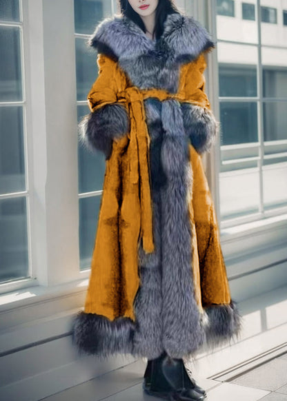 Natural White Fox Collar Tie Waist Leather and Fur Maxi Coats Winter