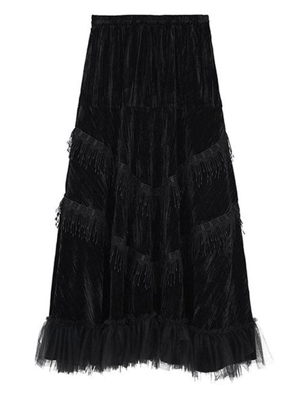 Black Patchwork Tulle Tasseled Velour Skirts Spring