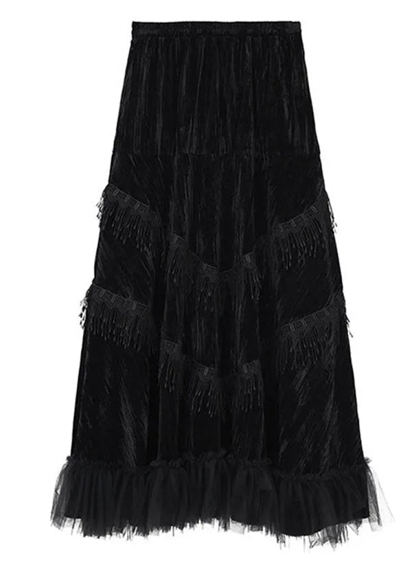 Black Patchwork Tulle Tasseled Velour Skirts Spring
