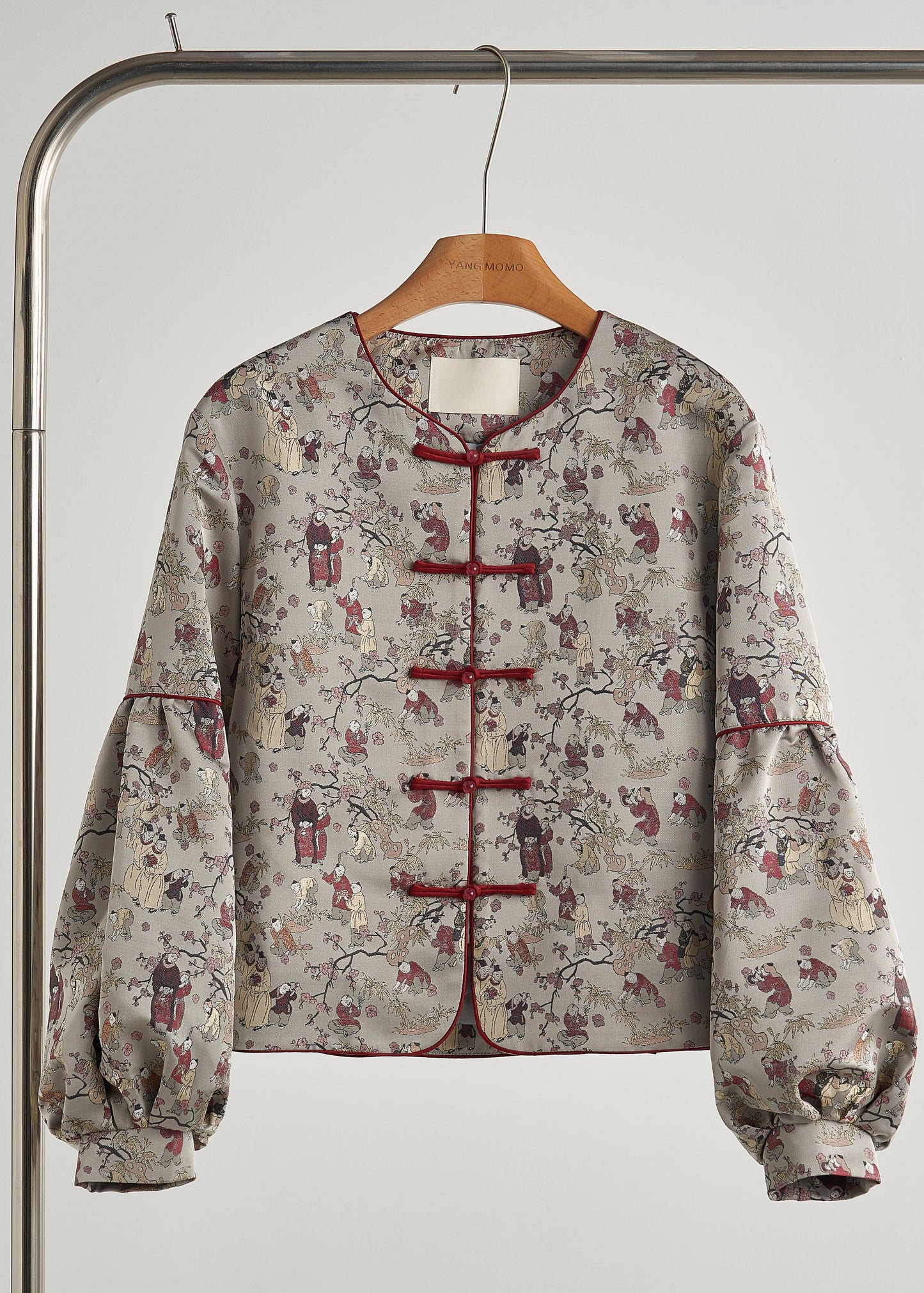 Retro Grey Oversized Print Cotton Oriental Jacket Fall